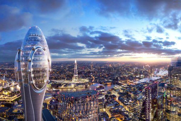 Le bâtiment de la ville d'accueil des tulipes dans des capsules de verre à Londres